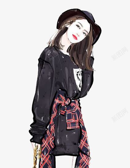 卡通女孩png免抠素材_新图网 https://ixintu.com 卡通 女孩 帽子 手绘 服装 水彩 潮 装饰 酷 黑色