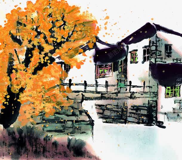 江南水乡秋天水墨png免抠素材_新图网 https://ixintu.com 房屋 树 水乡 水墨 水彩 江南 秋天 粉色 草
