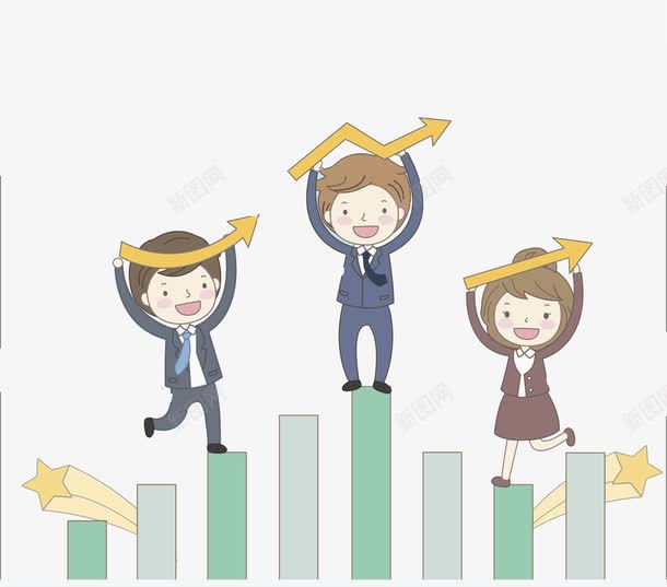 开心三人组png免抠素材_新图网 https://ixintu.com 上升 上市 企业 开心 手绘 指标 星星 柱状图 短发 箭头 职业装 表情 财富