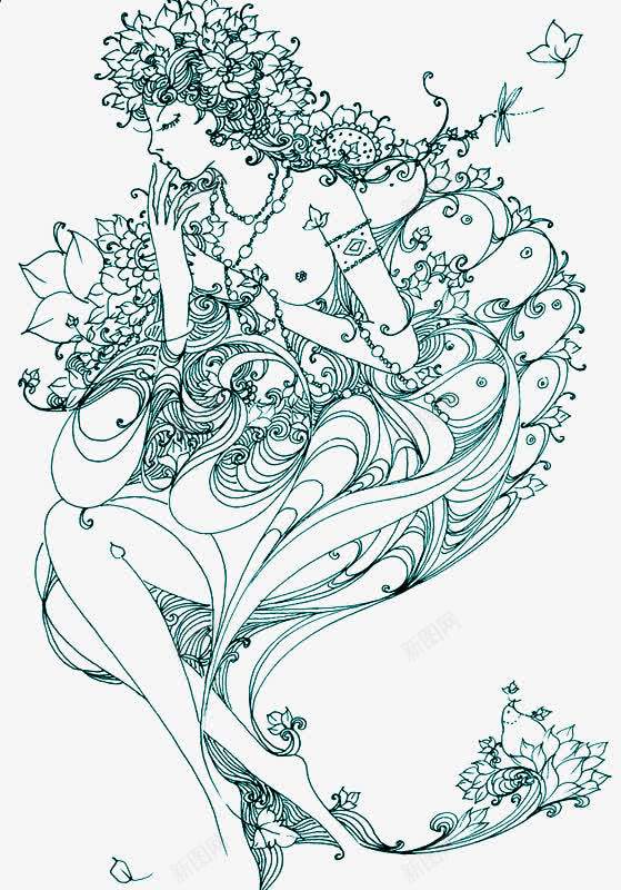 线描女孩png免抠素材_新图网 https://ixintu.com 唯美 复古风 插画 曲线美 精美 素描美女 线条美 装饰