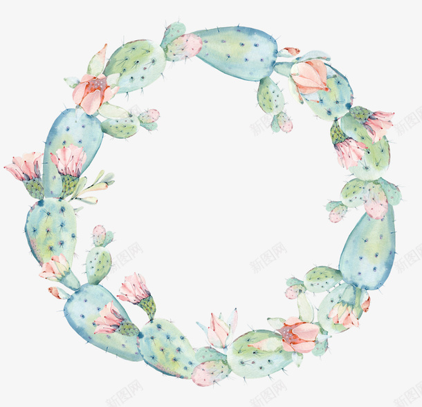 手绘卡通多肉仙人掌花环png免抠素材_新图网 https://ixintu.com 仙人掌 唯美花环 婚礼装饰 布料印花 植物花卉 海报设计 照片框 绿叶 花朵 花环 花边