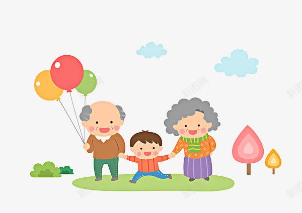 奶奶和孙子去玩png免抠素材_新图网 https://ixintu.com 卡通手绘 可爱画风 奶奶和孙子 散步 气球 白云