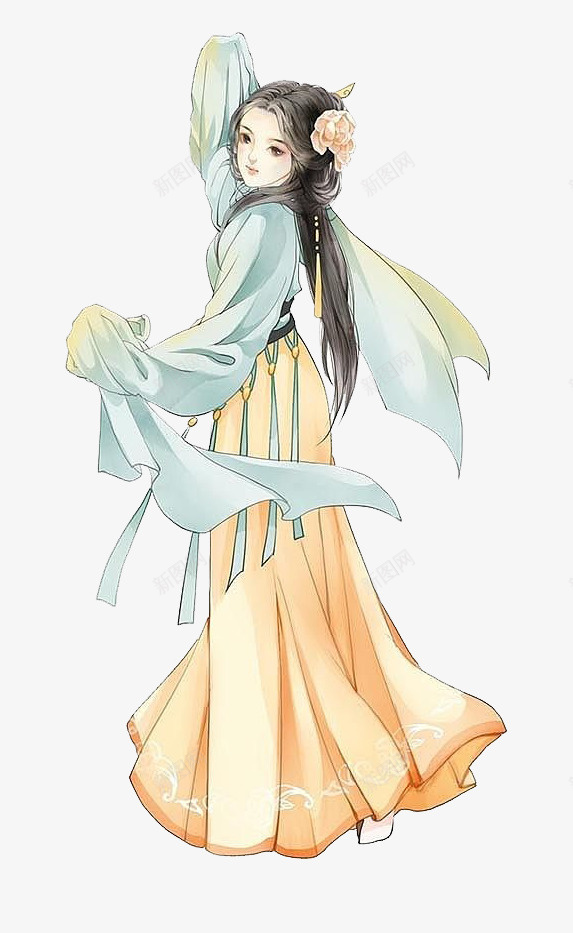 古风女孩png免抠素材_新图网 https://ixintu.com 卡通 古风 女孩 手绘 水彩 蓝色 装饰 长发