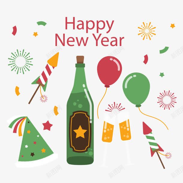 新年插画png免抠素材_新图网 https://ixintu.com 扁平 气球 礼花 酒