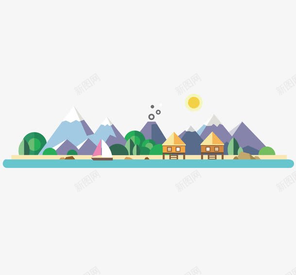 大山中的旅游圣地卡通png免抠素材_新图网 https://ixintu.com 亭子 山清水秀 山间 矢量山水