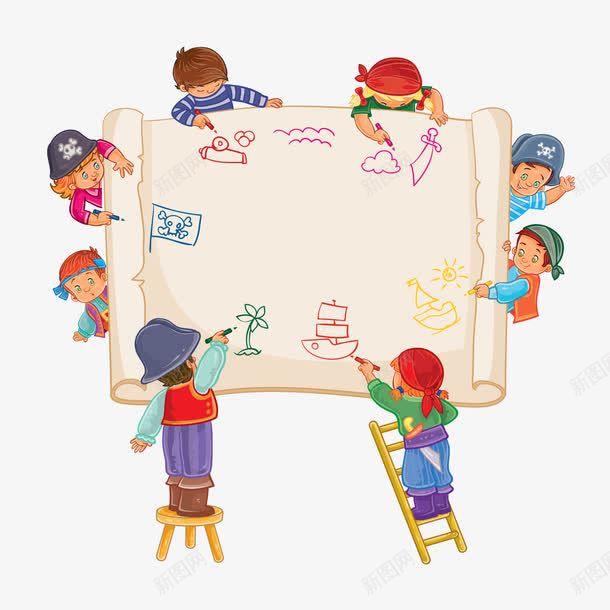 大家一起来画画png免抠素材_新图网 https://ixintu.com 儿童 卡通 彩色 想象力 手绘 海盗 绘画 美术