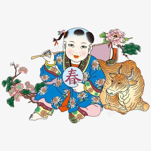 小孩牧牛png免抠素材_新图网 https://ixintu.com 古风 小孩子 春天 清明 牛 牧牛 花朵