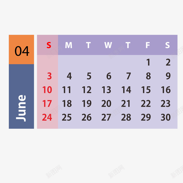 紫红色2019年6月日历png免抠素材_新图网 https://ixintu.com 2019年 6月 6月日历 橙色 紫色 红色