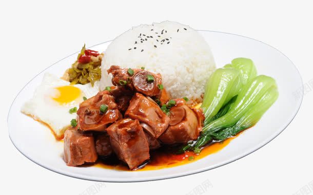 垂涎欲滴的红烧排骨饭png免抠素材_新图网 https://ixintu.com 小油菜 排骨 煎蛋 米饭 美食素材 荤菜 酱汁 餐饮 黑芝麻
