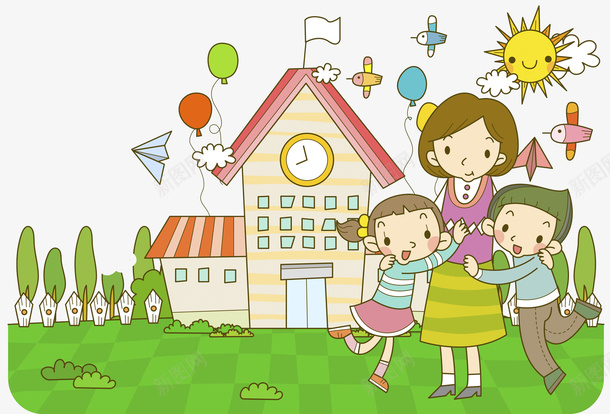 高兴地学生png免抠素材_新图网 https://ixintu.com 可爱的 学校 学生 气球 绿色的 老师 草地
