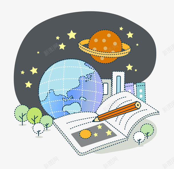 安静学习的夜晚png免抠素材_新图网 https://ixintu.com 书本 学习 学生 星星 月亮 资料 钢笔 黑夜