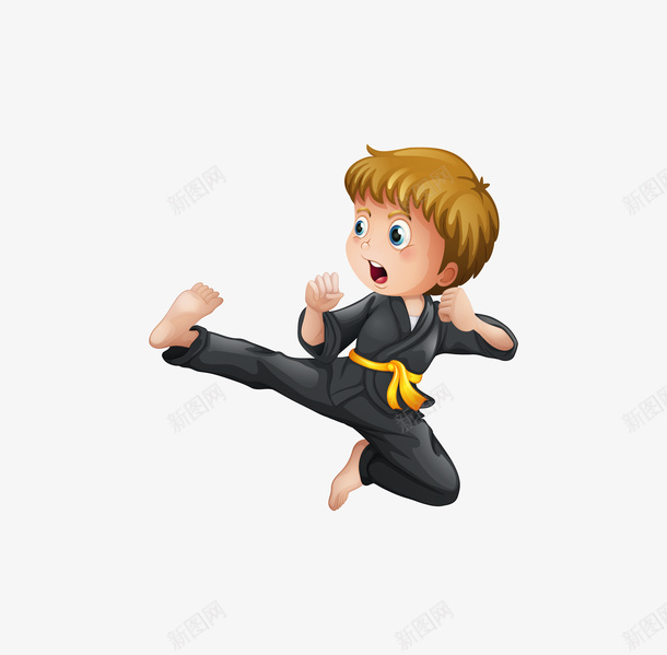 手绘卡通人物达跆拳道男孩png免抠素材_新图网 https://ixintu.com 动漫 动画 卡通人物 卡通男孩 跆拳道比赛 踢腿 运动 黄带