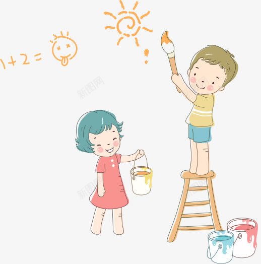 画画的小朋友png免抠素材_新图网 https://ixintu.com 凳子 卡通 水彩 油漆桶 男生女生 画笔