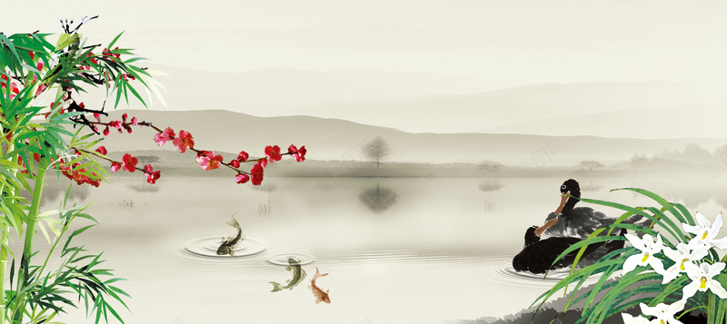水墨画手绘彩色家居背景bannerjpg设计背景_新图网 https://ixintu.com 中国风 倒影 树 梅花 水 竹子 红鱼 群山 鸭子 黑鱼