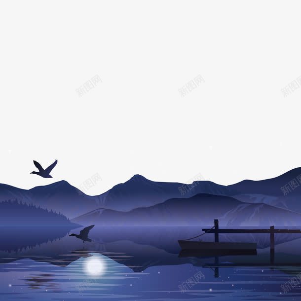 夜晚png免抠素材_新图网 https://ixintu.com 晚上 月亮 木桥 湖面 飞鸟