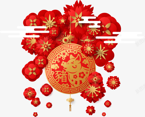 红色喜庆猪年背景png免抠素材_新图网 https://ixintu.com 创意 剪纸 喜庆 挂饰 新年 海报设计 猪年 红色 背景 花朵