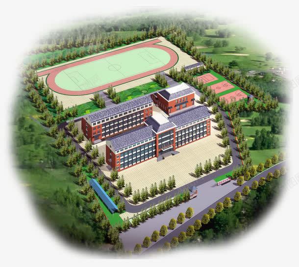 被绿化带包围的学校png免抠素材_新图网 https://ixintu.com ps鸟瞰群 城市 学校 小区鸟瞰图 建筑 树木 楼房 现代建筑 田径场 绿色 鸟瞰图