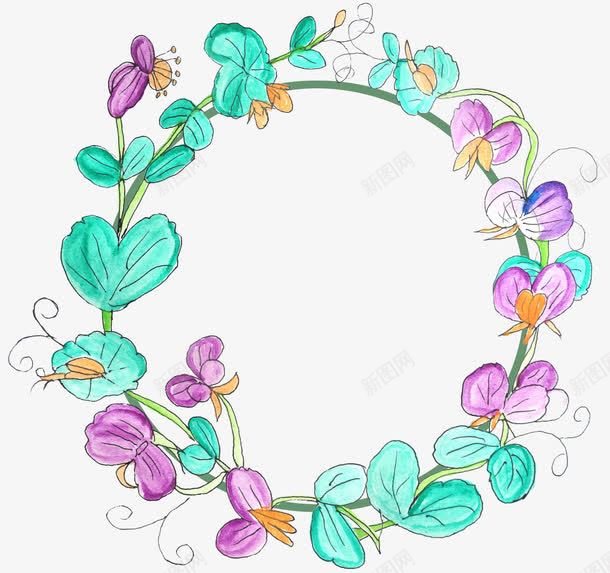 手绘豌豆花花环png免抠素材_新图网 https://ixintu.com 手绘插画 春天 花环 装饰图案 豌豆花 鲜花边框
