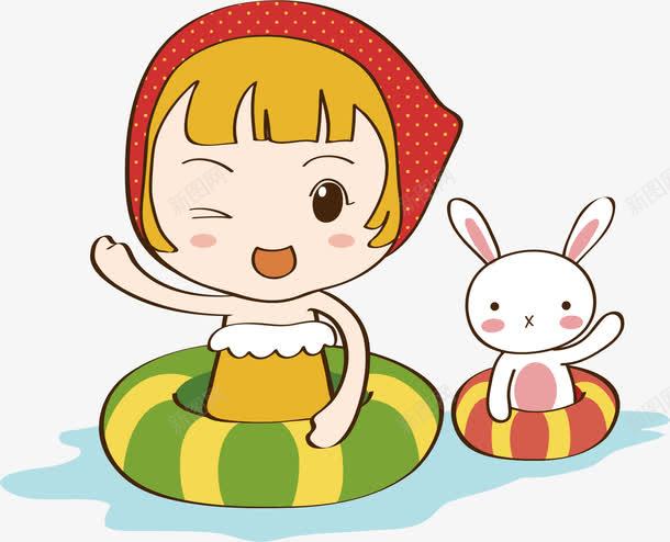 卡通女孩png免抠素材_新图网 https://ixintu.com 兔子 卡通 小红帽 彩色 插图 救生圈 游泳