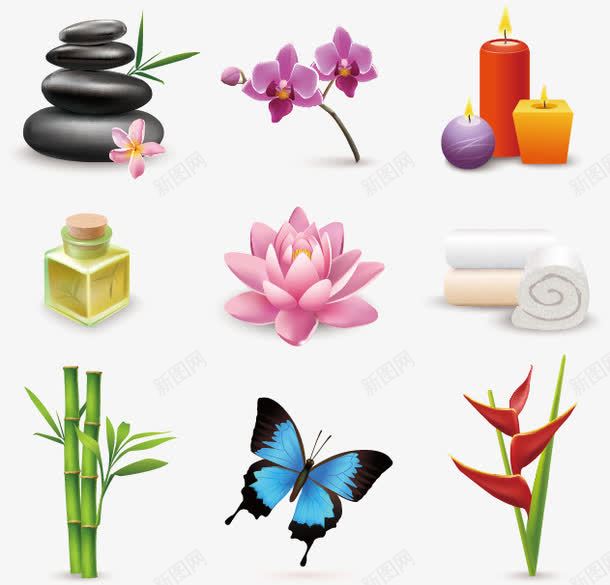 SPA标图标png_新图网 https://ixintu.com spa素材 养生保健 毛巾 磁石 竹子 美容养颜 莲花 蝴蝶 蝴蝶兰