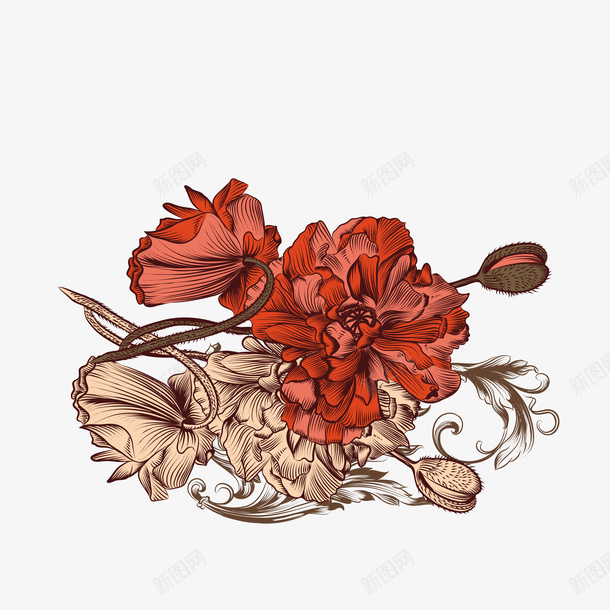 复古花朵矢量图eps免抠素材_新图网 https://ixintu.com 华丽 图案 复古 彩色 植物 欧式 红色 绘画 花卉 花朵 花纹 装饰 矢量图