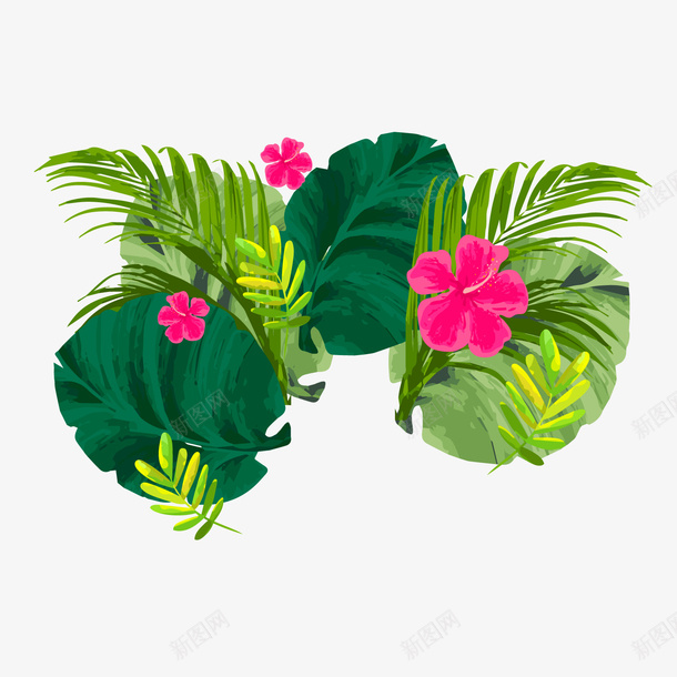 水彩绘棕榈树叶矢量图ai免抠素材_新图网 https://ixintu.com 热带植物 红色花朵 绿色叶子 背景装饰 矢量图
