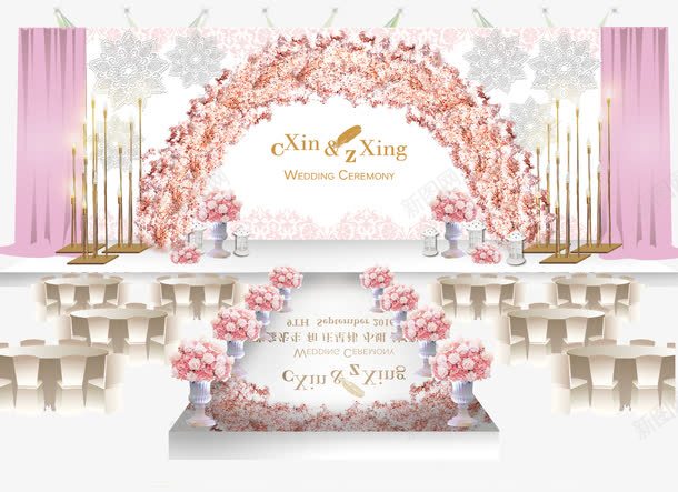 白色粉色主舞台婚礼效果png免抠素材_新图网 https://ixintu.com 主舞台婚礼效果 婚礼背景 婚礼设计 白色粉色主舞台婚礼效果图 粉色迎宾 香槟婚礼效果图
