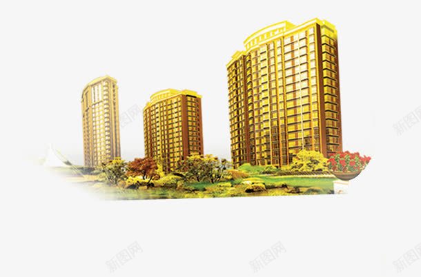 小区楼盘png免抠素材_新图网 https://ixintu.com 城市建筑 房子 楼房 楼盘 金色房子 高楼