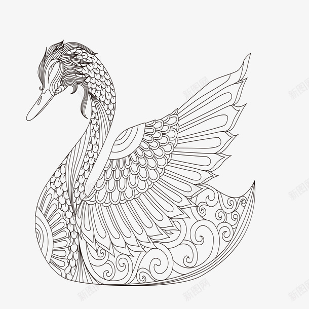花纹绘画天鹅矢量图eps免抠素材_新图网 https://ixintu.com 动物 图案 天鹅 工笔画 灰白 线条 绘画 艺术 花纹 装饰 黑色线条 矢量图