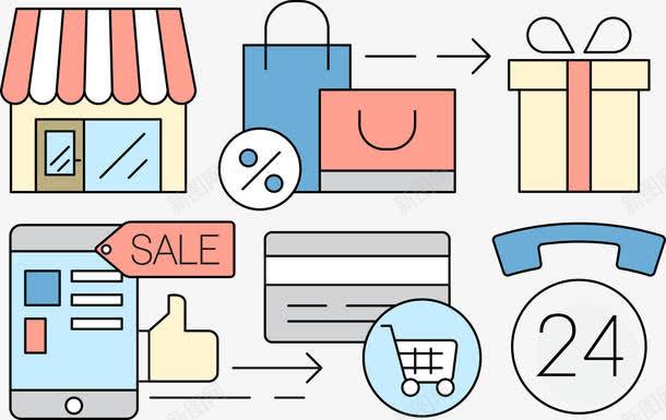 商店购物png免抠素材_新图网 https://ixintu.com 商店 手机 电话 礼品袋 礼物盒 箭头 银行卡