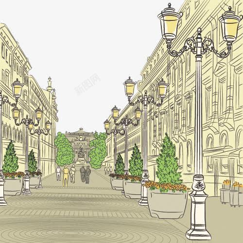 街头插画矢量图eps免抠素材_新图网 https://ixintu.com 出国旅行 出国留学 十一旅行 城镇 手绘建筑 插画 欧式建筑 欧洲旅行 金秋出游节 矢量图