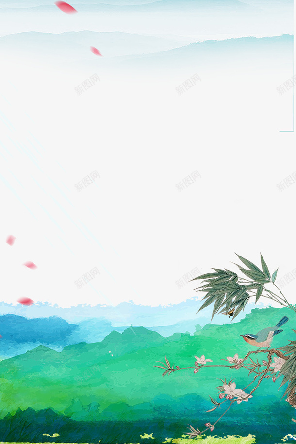 春季水墨风山水风景边框psd免抠素材_新图网 https://ixintu.com 叶子装饰 大自然景色 春季 春色 树木装饰 植物装饰 花朵装饰边框
