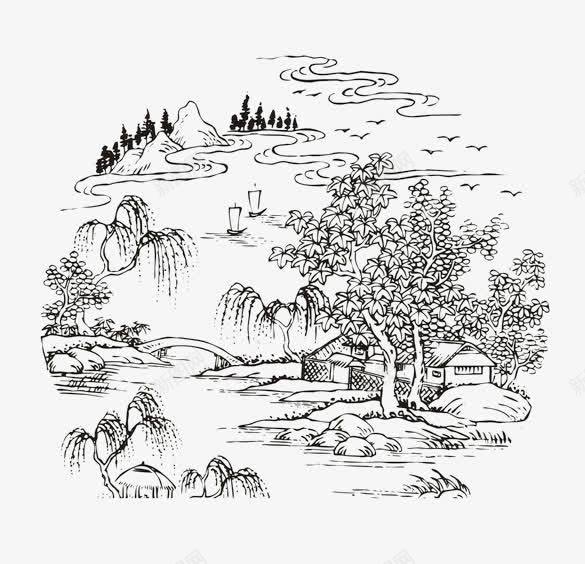 山水画手稿png免抠素材_新图网 https://ixintu.com 山水画 山水简笔画 简笔山水画 简笔画 黑色线条画