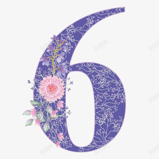 卡通手绘紫色数字6png免抠素材_新图网 https://ixintu.com 创意 动漫动画 卡通手绘 简约 紫色的数字6 花朵装饰