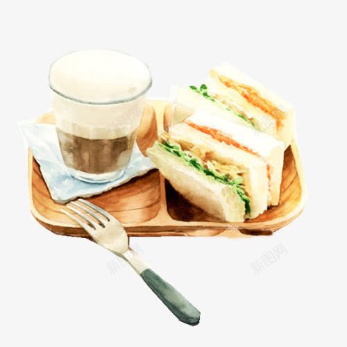 蔬菜三明治手绘画片png免抠素材_新图网 https://ixintu.com 三明治 叉子 咖啡 手绘美食 木质托盘 蔬菜馅 西方美食