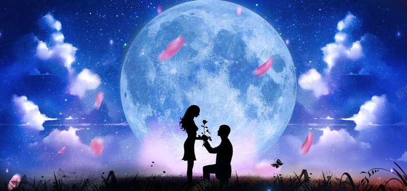 蓝色浪漫星空情人节背景psd设计背景_新图网 https://ixintu.com 云 情人节 情侣 星云 星海 星空 星际 月亮 梦幻 浪漫 海报banner 玫瑰花 花瓣 草地 蓝色
