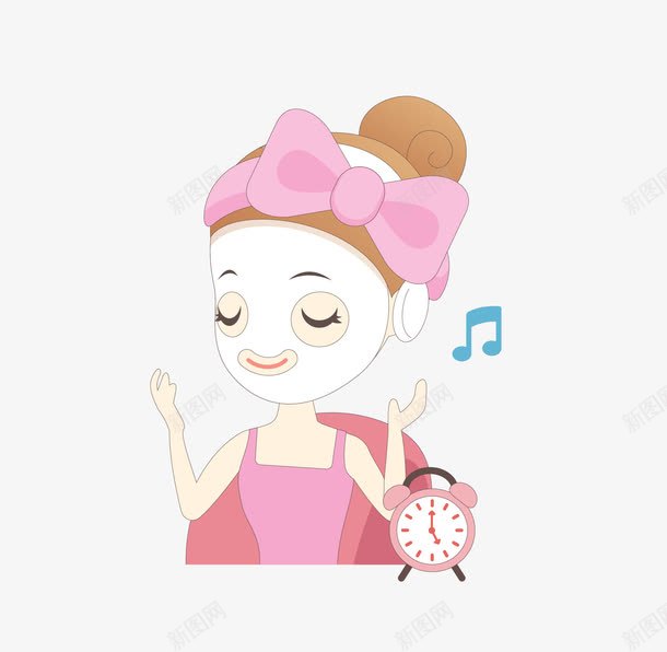 卡通做面膜听音乐的女孩png免抠素材_新图网 https://ixintu.com 养颜 听音乐女人 女孩 少女 护肤 美女 美容 美白 舒缓皮肤 蝴蝶结 闹钟 面膜 音乐