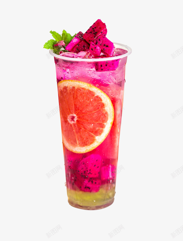 红色的火龙果水果茶png免抠素材_新图网 https://ixintu.com 夏日饮品 好喝 清凉 火龙果 红色液体 美味 薄荷叶 西柚片