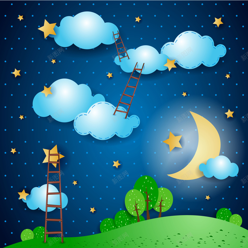 卡通手绘夜色矢量背景jpg设计背景_新图网 https://ixintu.com 卡通 手绘 星云 星星 星海 星空 星际 月亮 梯子 森林 白云 矢量背景开心 童趣 蓝色