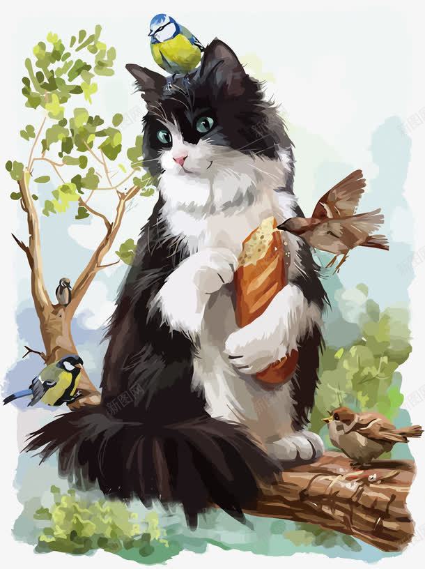 猫咪png免抠素材_新图网 https://ixintu.com 卡通 手绘 水彩 猫PNG矢量图 猫免扣PNG图 矢量猫 面包 鸟