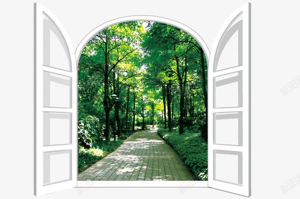 白色窗户外的风景psd免抠素材_新图网 https://ixintu.com 半圆式窗户 格子窗 欧式窗户 绿色风景 绿荫小道