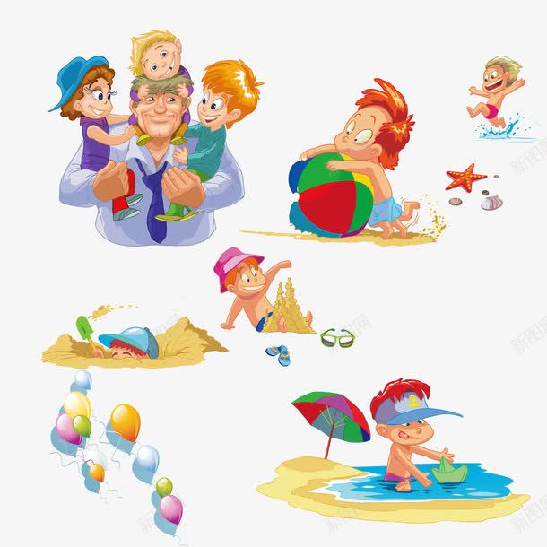 海边玩耍的男孩png免抠素材_新图网 https://ixintu.com 儿童 卡通 卡通小男孩 卡通气球 孩子 彩色气球 手绘气球 挖沙坑 正太 气球 沙滩 海边 爱心 父亲 玩耍 皮球 空中的气球