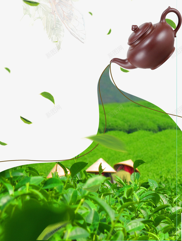 茶壶下的茶园背景装饰psd免抠素材_新图网 https://ixintu.com 卡通茶具 卡通茶园 卡通茶壶 绿色植物 背景装饰 茶叶
