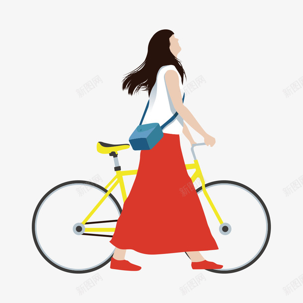 推着自行车的女孩png免抠素材_新图网 https://ixintu.com 卡通 女孩 学生 自行车
