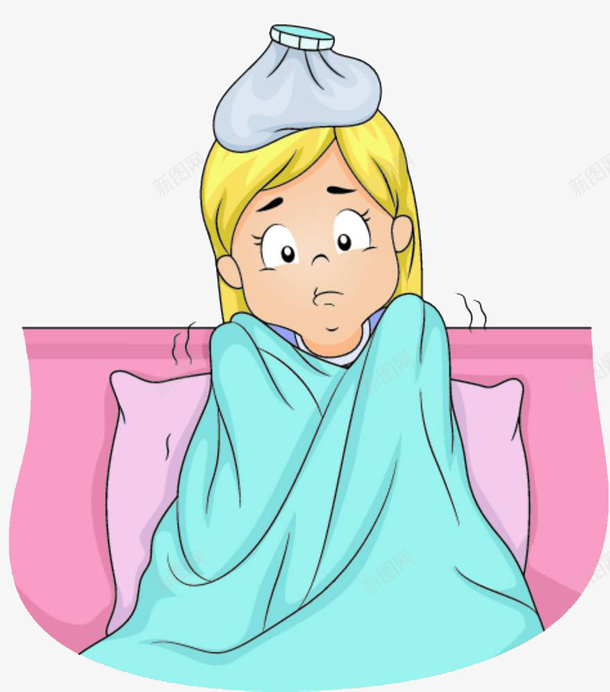卡通插图宝宝生病发烧png免抠素材_新图网 https://ixintu.com 冷的发抖 卡通女宝宝插图 发烧 宝宝发烧 披着毯子 生病 降温
