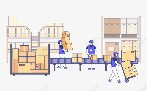 快递流水线的场景png免抠素材_新图网 https://ixintu.com 分拣 卡通 快递 插图 流水线 流程 箱子 装卸工 车间流水线