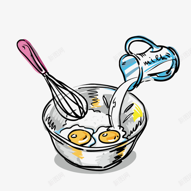 牛奶鸡蛋和打蛋器png免抠素材_新图网 https://ixintu.com 制作美食 手绘图 打蛋器 搅拌 牛奶 素描 鸡蛋
