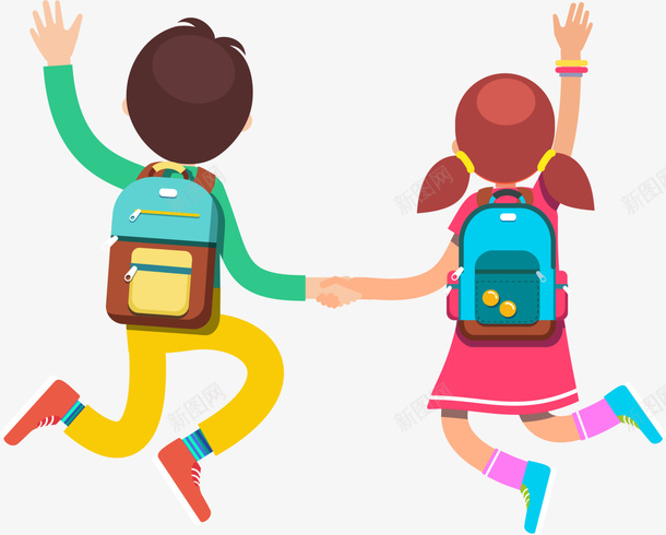 开学季跳跃的学生png免抠素材_新图网 https://ixintu.com 可爱小朋友 喜悦 开学季 手牵着手 背着书包 跳跃的学生