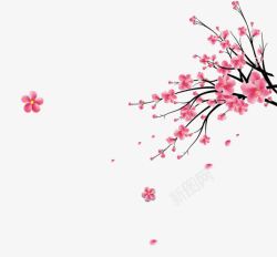 粉红色手绘桃花枝花瓣装饰图案素材