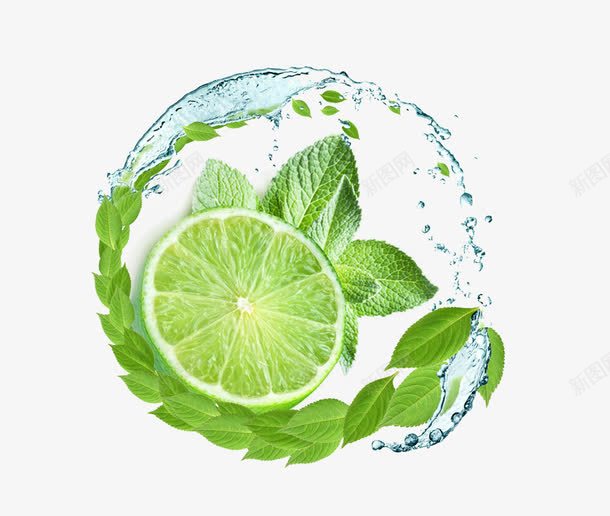 青柠檬溅起水花效果png免抠素材_新图网 https://ixintu.com 叶子 效果 效果元素 水 水果 溅起水花 青柠檬